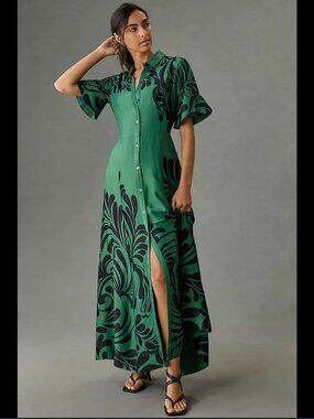 new ANTHROPOLOGIE brushed satin bell sleeve button front shirt maxi dress m